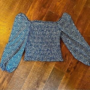 Floral tunic crop top flowy arms ruched off shoulder blue